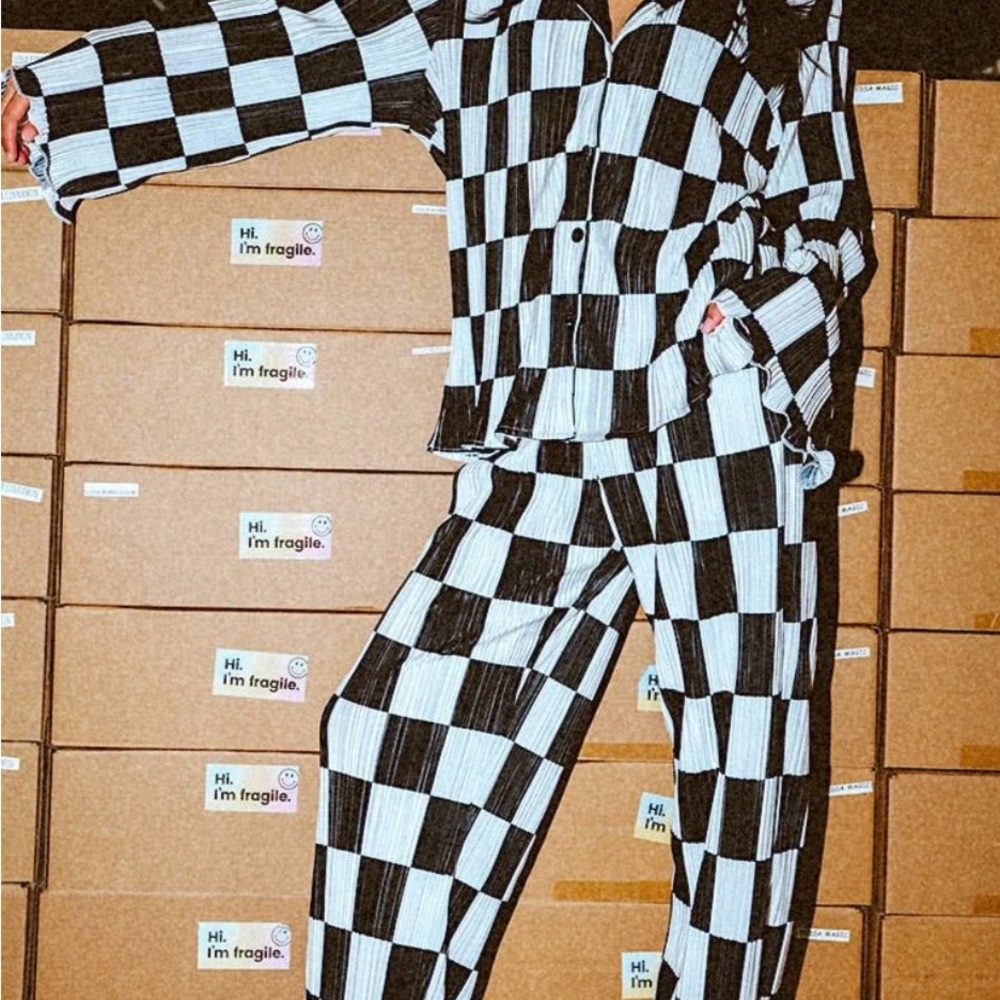 Dressed In LALA New With Tags maroon and white checkered plisse set
